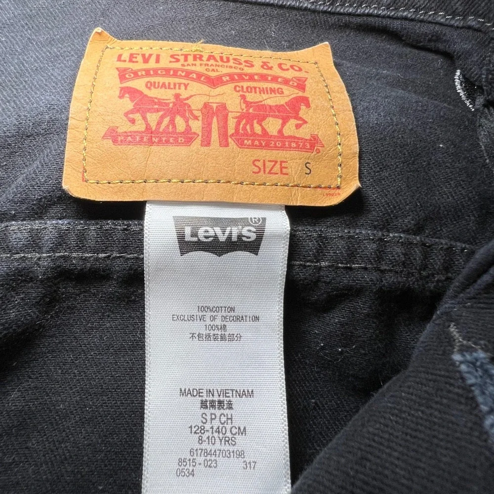 Levis Youth Denim Trucker Jacket Black Wash Fun Patches Size S 8-10 Years